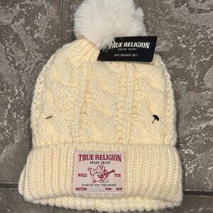 Set of 2 True Religion Beanie Hat one Hat with Cable Faux Fur Pom NWT FLAW White